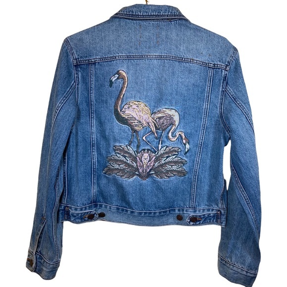 Embroider Denim Jacket Flamingos Size Medium BDG - Picture 1 of 10